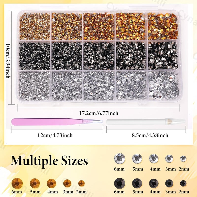 Cynailli 15000 Pcs Resin Rhinestones for Crafts, Black Silver Gold Flatback Resin Rhinestones for Bedazzling Gems 2/3/4/5/6mm Flatback Gems Jewels for DIY Mugs Tumblers Bottles Clothing Shoes Nail Art - Image 2